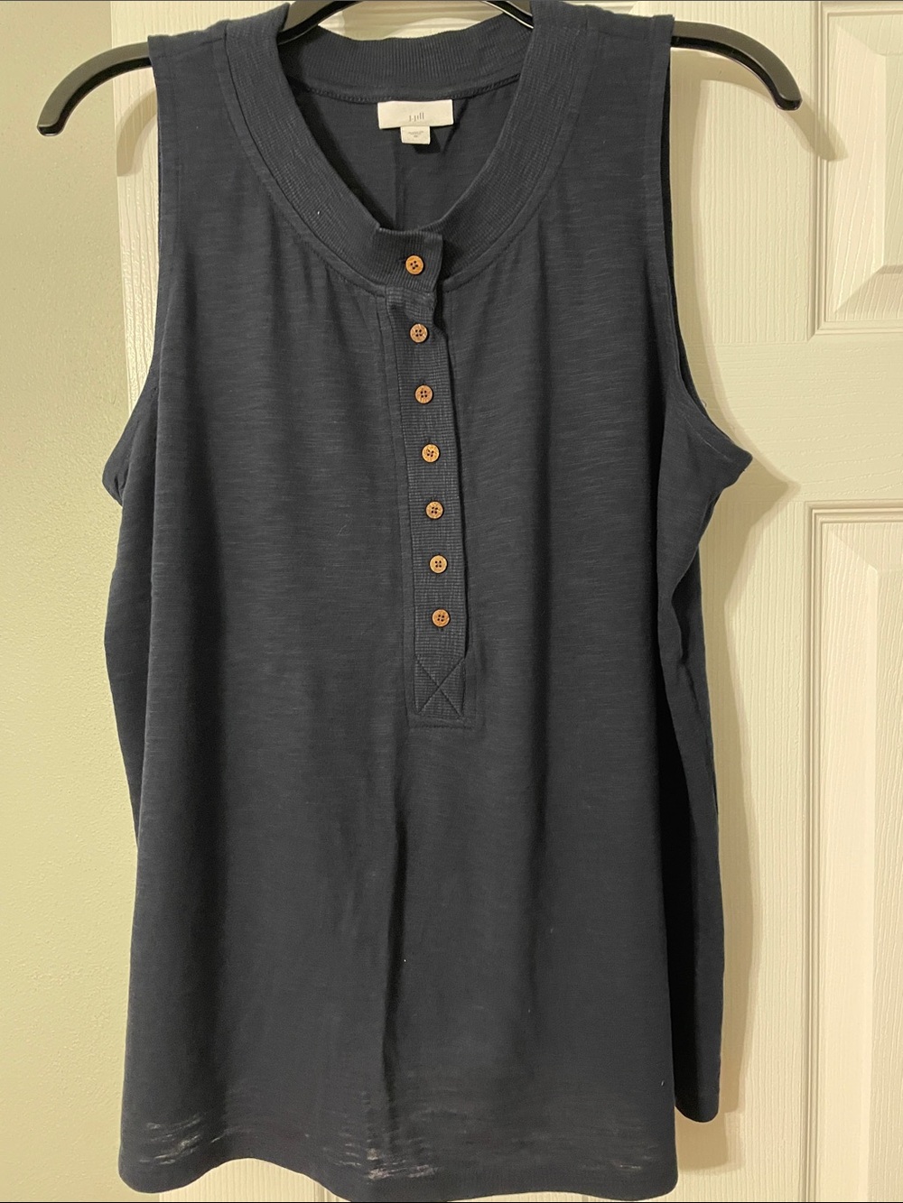 J.Jill Navy Blue Sleeveless Henley Tank with Wood-Look Buttons